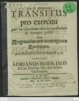 An & quatenus Transitus pro exercitu per territorium alterius postulari & denegari possit