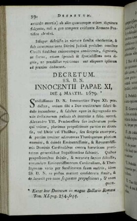 Decretum. SS. D. N. Innocentii Papae XI,...