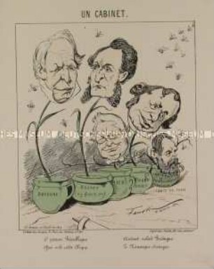 Un Cabinet - Karikatur auf Thiers, Dufaure, Buffey, Picard und Louis Philippe, Graf von Paris