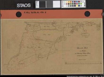SCHEPSDORF-LOHNE: Die Sonderabfindung aus der Schepsdorf-Lohner Mark, Übersichtskarte zu Karte 1 Ausf.Art: farbige Handzeichnung aufTransparentpapier, auf Nessel aufgezogen Hersteller: Niemeyer, Geometer Format: 32,5 x 60 cm Maßstab: 1 : 10000