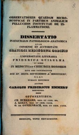 Observationes quaedam microscopicae, in partibus animalium pellucidis institutae de inflammatione : Diss. inaug. path. anat.