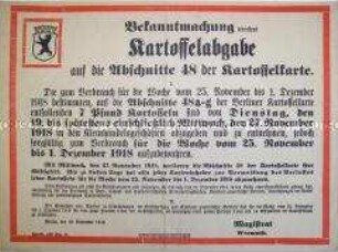 Bekanntmachung zur Kartoffelabgabe auf die Abschnitte 48 der Kartoffelkarte