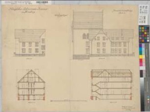 Arnsberg (Arnsberg) Lehrerinnenseminar - Inventarienzeichnung Wohnflügel: Ansichten, Schnitte 1910 1 : 100 64 x 82 farb. Druck Landsberg Staatshochbauamt Arnsberg