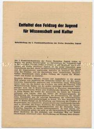 Flugschrift mit dem Wortlaut der Entschließung der 1. Funktionärkonferenz der Freien Deutschen Jugend über die Verbesserung der politischen Schulung