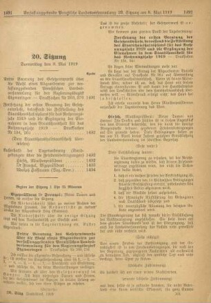 20. Sitzung, Donnerstag den 8. Mai 1919