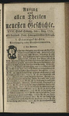 XXXI. Stück. Coburg, den 1. Aug. 1753.