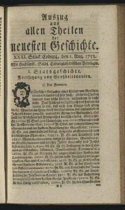 XXXI. Stück. Coburg, den 1. Aug. 1753.