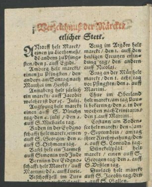 Verzeichnuß der Märckt/ etlicher Stett.