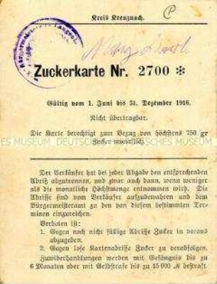 Ausweis-Karte für den Bezug von Zucker (ohne Marken)