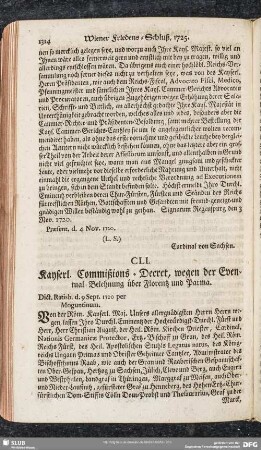 CLI. Kayserl. Commißions-Decret, wegen der Eventual-Belehnung über Florentz und Parma