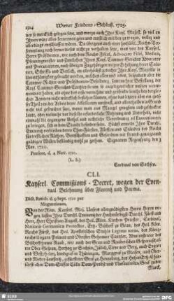 CLI. Kayserl. Commißions-Decret, wegen der Eventual-Belehnung über Florentz und Parma