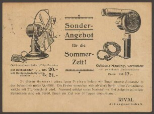 Werbepostkarte Elektrogeräte "Rival", Lindenstraße 80