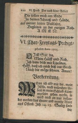 VI. Char-Freytags-Predigt, gehalten Anno 1715.