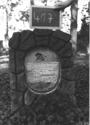 Grabstein 417 (Index: 100111785) Material: Kalkstein, weiße Marmorplatte Zustand: verwittert, Loch in der Schriftplatte Maße HxBxT: 77x50x32 cm Beschreibung: Stele, rustica, Segmentbogenabschluß, ovale Schriftplatte Besonderheit: Kindergrab: Grabstein 417