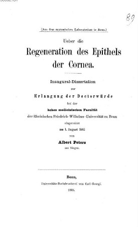 Ueber die Regeneration des Epithels der Cornea : (Aus dem anatomischen Laboratorium in Bonn.) Inaug.-Diss.