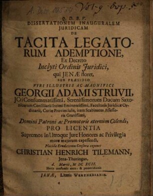 Dissertationem Inauguralem Juridicam De Tacita Legatorum Ademptione