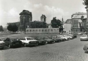 Dresden-Altstadt. An der Frauenkirche. Blick nach Westen zur Baustelle Frauenkirche und vorbereitetes Ausgrabungsfeld am Baustandort Coselplalais