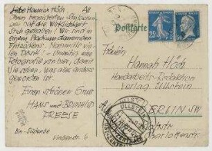 Postkarte von Hans und Brunhild Freese an Hannah Höch. Morbihan