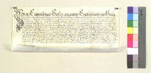 Erzbischof Leopold von Salzburg belehnt die beiden Verwalter des Leprosenhauses zu Mühldorf mit einer nun als Ackerland genutzten Wiese im Innfeld, welche Beutellehen des Erzstifts Salzburg ist. S: Erzbischof Leopold von Salzburg