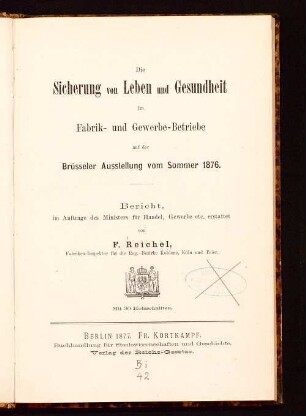 Die Sicherung von Leben und Gesundheit im Fabrik- und Gewerbe-Betriebe auf der Brüsseler Ausstellung vom Sommer 1876 : Bericht, im Auftrage des Ministers für Handel, Gewerbe etc.