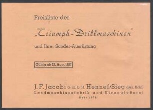 Preisliste der "Triumph-Drillmaschinen" und Ihrer Sonder-Ausrüstung