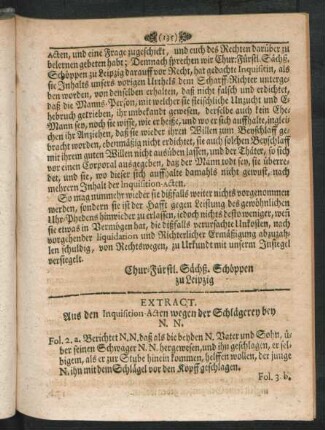 Extract. Aus den Inquisition-Acten wegen der Schlägerey bey N. N.