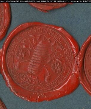 Siegler: Warendorf, Fabrikspinner-Zunft Überlieferungsart: Abdruck. Stoff: Lack Farbe: rot Form: rund. Durchmesser: 45 mm