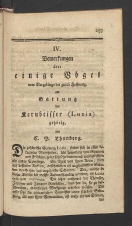IV. Bemerkungen über einige Vögel vom Vorgebürge der guten Hoffnung, zur Gattung der Kernbeisser (Loxia) gehörig, von C. P. Thunberg