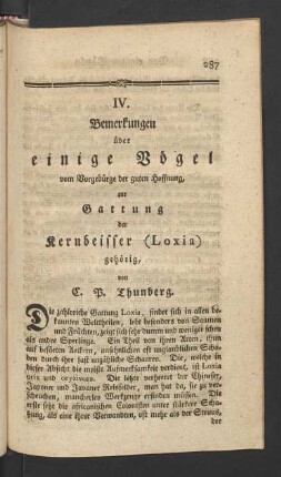 IV. Bemerkungen über einige Vögel vom Vorgebürge der guten Hoffnung, zur Gattung der Kernbeisser (Loxia) gehörig, von C. P. Thunberg