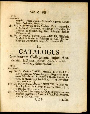 II. Catalogus Dominorum Collegarum hujus Academiae, hactenus, quoad quidem nobis constat, demortuorum