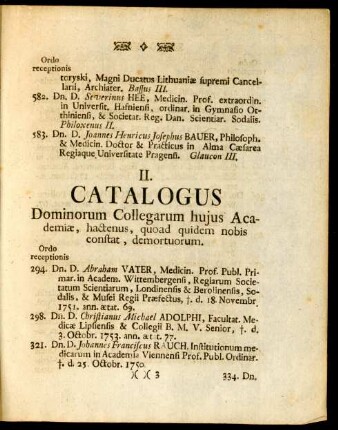 II. Catalogus Dominorum Collegarum hujus Academiae, hactenus, quoad quidem nobis constat, demortuorum