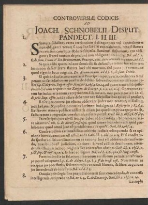 Controversiae Codicis Ad Joach. Schnobelii Disput. Pandect. I. II. III.
