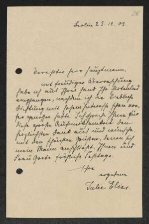 Brief von Julie Elias an Gerhart Hauptmann