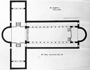 Fulda, Dom St. Salvator und Bonifatius, Ratgarbasilika, hier erste Bauphase mit Ostkirche (orientale templum), Grundriss; Ratgar