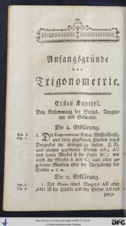 Anfangsgründe der Trigonometrie.