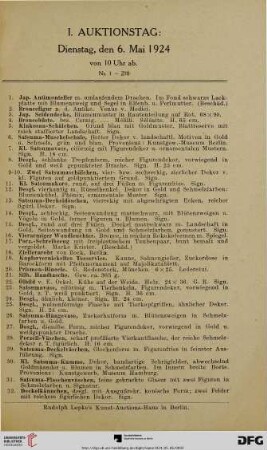I. Auktionstag: Dienstag, den 6. Mai 1924 von 10 Uhr ab (Nr. 1-270)