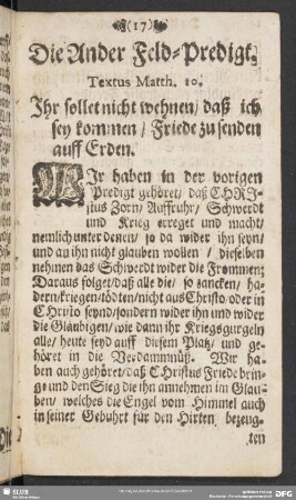 Die Ander Feld-Predigt. Textus Matth. 10. Ihr sollet nicht wehnen, daß ich sei kommen, Friede zu senden auff Erden