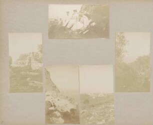 oben: Großherzog Friedrich und Großherzogin Luise (?) beim Picknick auf der Insel Capri (?) links Mitte: Bucht auf der Insel Capri (?) rechts Mitte: Landschaft auf der Insel Capri (?) links unten: Felsen im Meer auf der Insel Capri (?) rechts unten: kleine Ortschaft auf der Insel Capri (?)