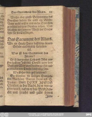 Das Sacrament des Altars. Wie ein Hauß-Vater dasselbige seinem Gesinde einfältiglich fürhalten soll.