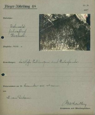Foto deutscher Stellungen und Unterstände im Eichwald südwestlich von Hirtzbach (Luftbild)