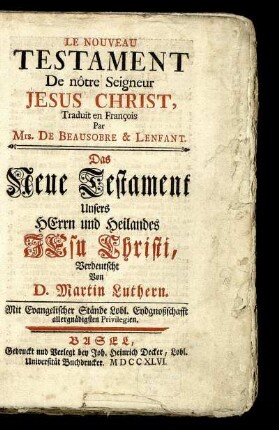 Le Nouveau Testament De nôtre Seigneur Jesus Christ