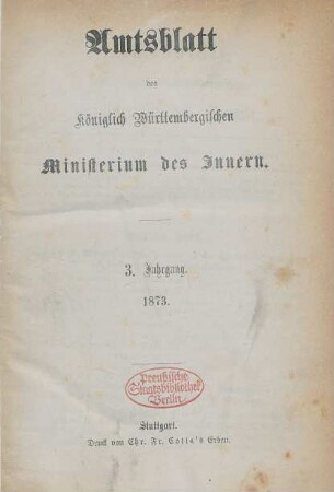 3.1873: Amtsblatt des Württembergischen Ministeriums des Innern