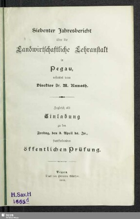 7.1903: Jahresbericht über die Landwirtschaftliche Lehranstalt in Pegau