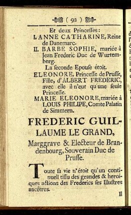 Frederic Guillaume Le Grand, Marggrave & Electeur de Brandenbourg, Souverain Duc de Prusse. - Son Altesse Royale Sophie Dorothee Marie, Princesse de Prusse.