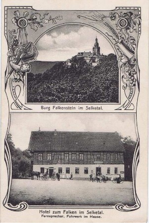 Ansichtskarte: Burg Falkenstein im Selketal. Hotel zum Falken im Selketal..