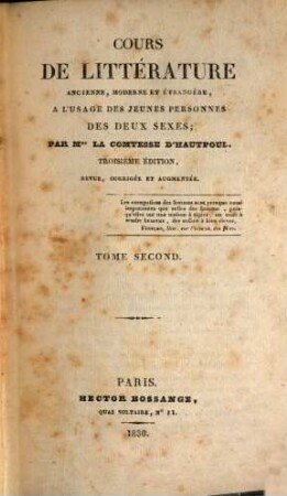 Cours de littérature ancienne, moderne et étrangère : à l'usage des jeunes personnes des deux sexes. 2