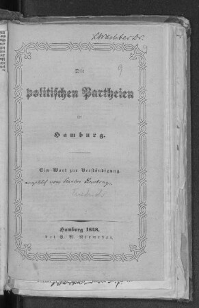 Die politischen Partheien in Hamburg : ein Wort zur Verständigung