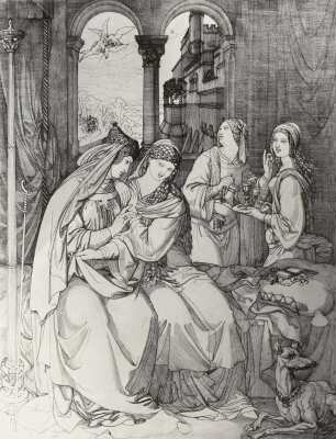 Kriemhild erzählt ihre Träume, Illustration zum Nibelungenlied