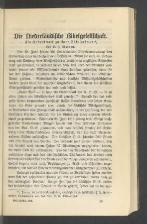 Die Niederländische Bibelgesellschaft. Ein Gedenkwort zu ihrer Säkularfeier