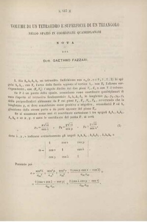 Volume di un tetraedro e superficie di un triangolo nello spazio in coordinate quadriplanari.